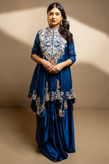 Blue Organza Handworked Bodice Asymmetrical Skirt Set