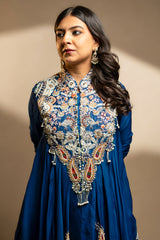 Blue Organza Handworked Bodice Asymmetrical Skirt Set