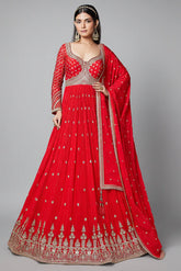 Red Chinon Anarkali Suit with Sequin and Mirror Work