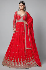 Red Chinon Anarkali Suit with Sequin and Mirror Work