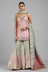 Light Pink Tissue Sequin and Mirror Worked Palazzo Suit