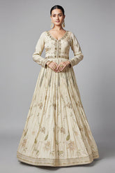 Cream Chinon Floral Embroidery and Sequin and Mirror Worked Anarkali Suit