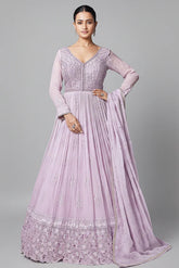 Lavender Purple Georgette Mirror and Sequin Bodice Anarkali Suit with Cutwork Floral Border