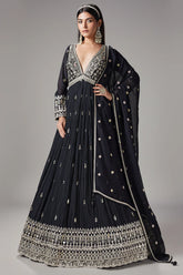 Black Chinon Mirror and Embroidered V Neck Anarkali Suit