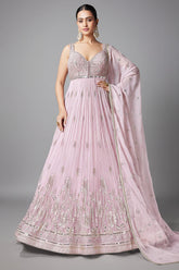 Light Pink Georgette Mirror Worked Anarkali Suit with Floral Embroidery Border