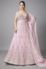 Light Pink Georgette Mirror Worked Anarkali Suit with Floral Embroidery Border
