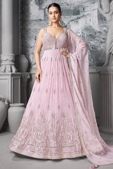 Light Pink Georgette Mirror Worked Anarkali Suit with Floral Embroidery Border