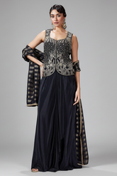 Black Raw Silk Embroidered Corset and Pleated Skirt Set