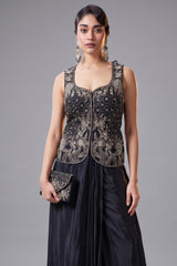 Black Raw Silk Embroidered Corset and Pleated Skirt Set