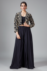 Black Raw Silk Embroidered Crop Top Palazzo Set with Short Jacket