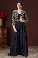 Black Raw Silk Embroidered Crop Top Palazzo Set with Short Jacket