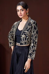 Black Raw Silk Embroidered Crop Top Palazzo Set with Short Jacket