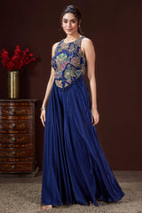 Blue Crepe Satin Silk Printed Crop Top Palazzo Set with Sequin and Bead Work