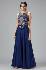 Blue Crepe Satin Silk Printed Crop Top Palazzo Set with Sequin and Bead Work