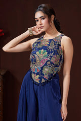 Blue Crepe Satin Silk Printed Crop Top Palazzo Set with Sequin and Bead Work