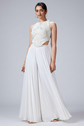 Pearl White Crepe Silk Corset Top and Palazzo Set with Sequin and Cutdana Bead Work