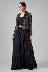 Black Raw Silk Crop Top Palazzo Set with Embroidery and Sequin Work Jacket