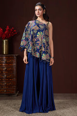 Blue Crepe Satin Silk Printed One Shoulder Asymmetrical Top and Palazzo Set