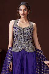 Blue Raw Silk Embroidered Top with Pleated Skirt Set