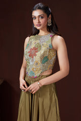 Olive Green Crepe Satin Silk Cutdana Beaded and Mirror Worked Crop Top Palazzo Set