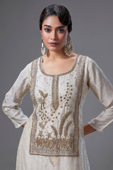 Off White Banarasi Silk Woven and Zardosi Worked Straight Cut Palazzo Suit