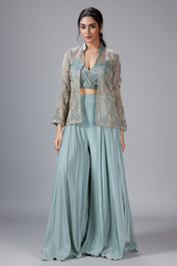 Light Blue Tissue Silk Crop Top Palazzo Set with Embroidered Jacket