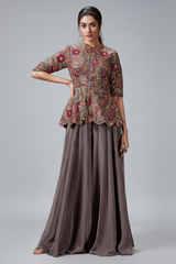 Grey Chinon Floral Embroidered and Sequin Worked Peplum Top and Palazzo Set