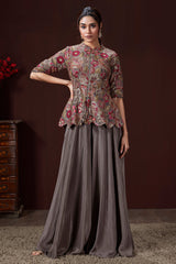 Grey Chinon Floral Embroidered and Sequin Worked Peplum Top and Palazzo Set