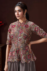 Grey Chinon Floral Embroidered and Sequin Worked Peplum Top and Palazzo Set