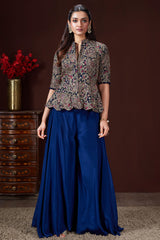 Blue Chinon Sequin Embroidered Top and Palazzo Set