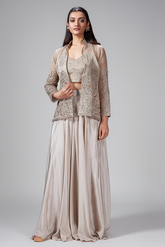 Grey Tissue Embroidered Crop Top Palazzo Set with Jacket