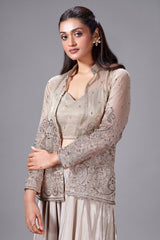 Grey Tissue Embroidered Crop Top Palazzo Set with Jacket