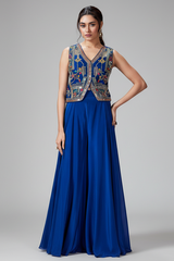 Blue Silk Embroidered and Mirror Worked Crop Top Palazzo Set with Shell Detailing