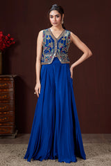 Blue Silk Embroidered and Mirror Worked Crop Top Palazzo Set with Shell Detailing