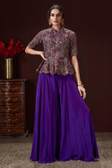 Violet Purple Silk Sequin Embroidery Peplum Top and Palazzo Set