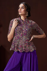 Violet Purple Silk Sequin Embroidery Peplum Top and Palazzo Set