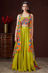 Lime Green Crepe Silk Cutdana Worked Crop Top Palazzo Set with Jacket