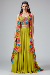 Lime Green Crepe Silk Cutdana Worked Crop Top Palazzo Set with Jacket