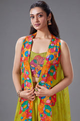 Lime Green Crepe Silk Cutdana Worked Crop Top Palazzo Set with Jacket