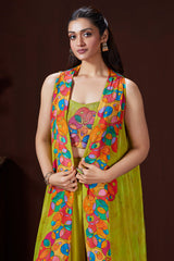 Lime Green Crepe Silk Cutdana Worked Crop Top Palazzo Set with Jacket