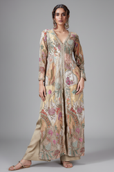 Multi Colored Chinon Silk Floral Printed Straight Cut Palazzo Suit with Cutdana Embroidery Work