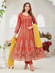 Rust Orange Organza Tissue Silk Sequin Embroidery Worked Anarkali Suit