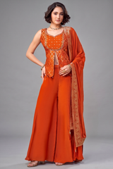 Orange Art Silk Woven Slit Cut Palazzo Suit