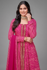 Pink Georgette Chiffon Leheriya Printed Palazzo Suit with Mirror Work