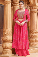 Pink Chinon Georgette Mirror Embroidered Crop Top Palazzo with Bandhej Jacket