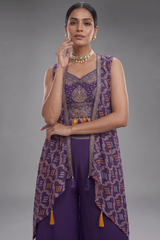 Cyber Grape Purple Georgette Bandhej Crop Top Palazzo Set with Jacket