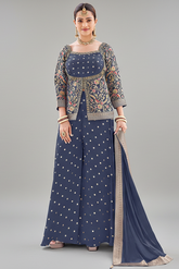 Grey Chinon Georgette Floral Woven Palazzo Suit