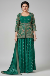 Pine Green Chinon Georgette Floral Woven Palazzo Suit