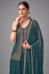 Midnight Green Art Silk Woven Palazzo Suit with Sequin Cutdana Work