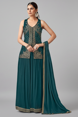 Midnight Green Art Silk Woven Palazzo Suit with Sequin Cutdana Work